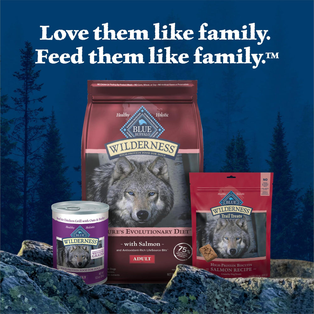 Blue Buffalo Wilderness Salmon feeding bowl scene showcases convenient portioning for families.