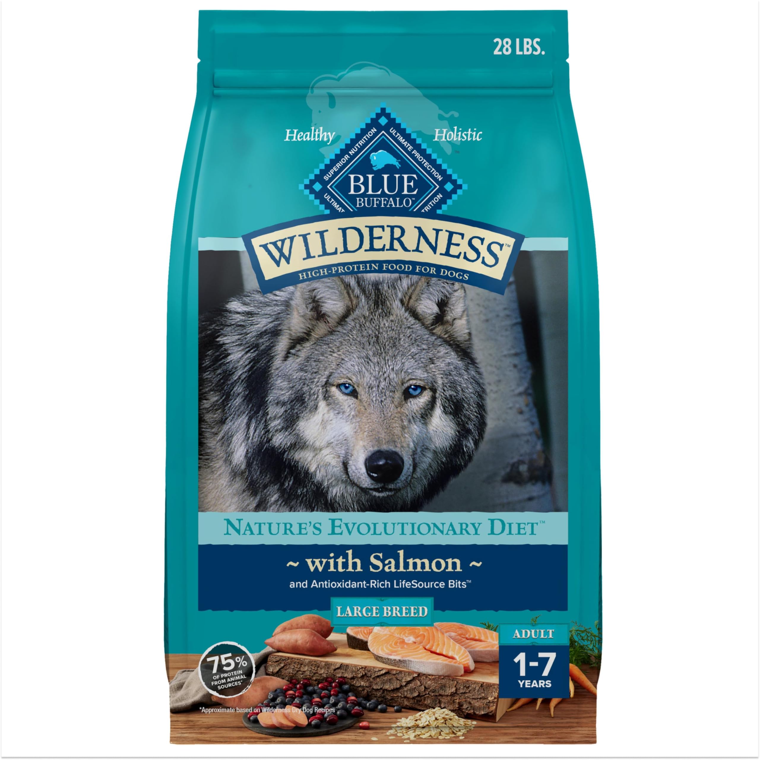 Blue Buffalo Wilderness salmon first ingredient bag front emphasizes protein