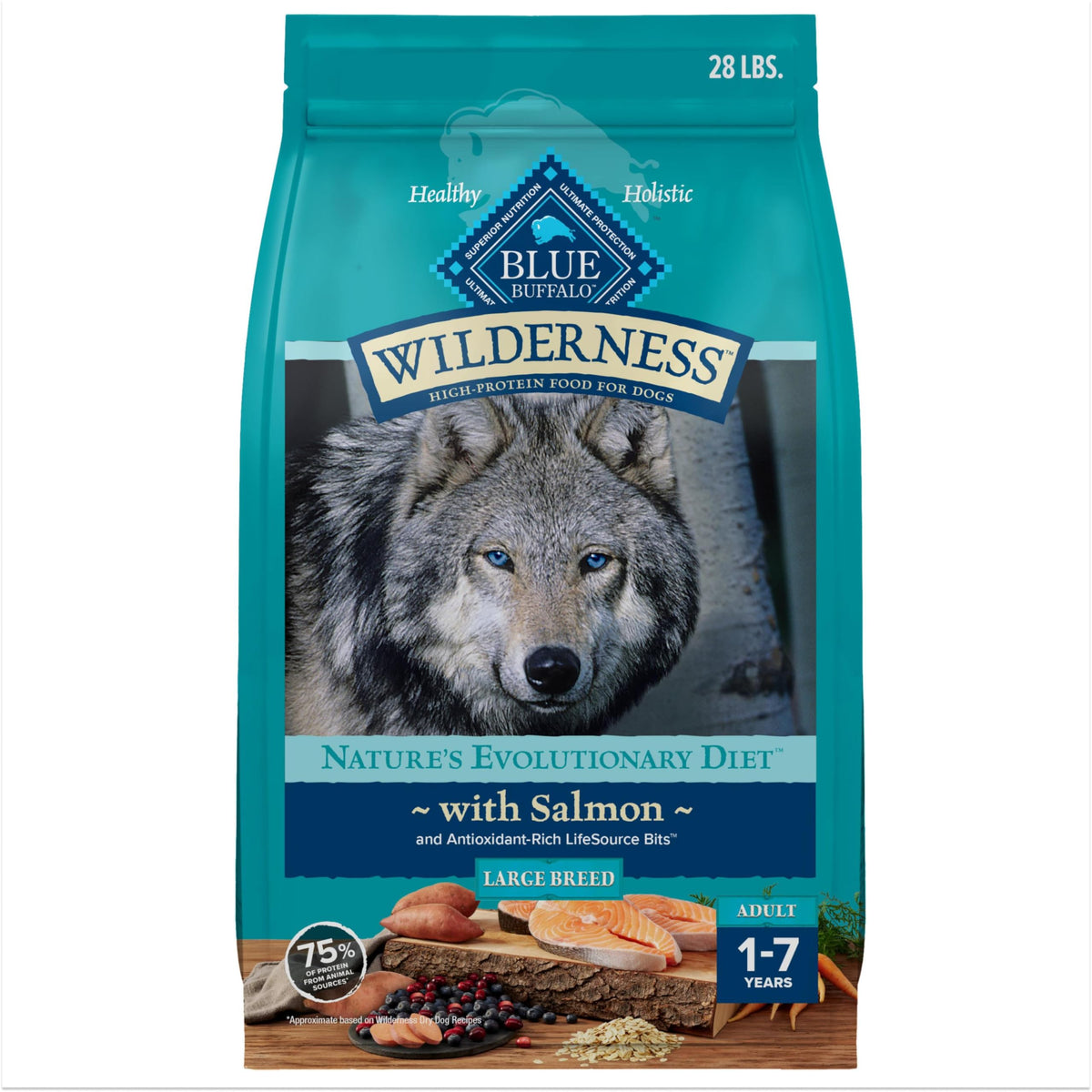 Blue Buffalo Wilderness salmon first ingredient bag front emphasizes protein