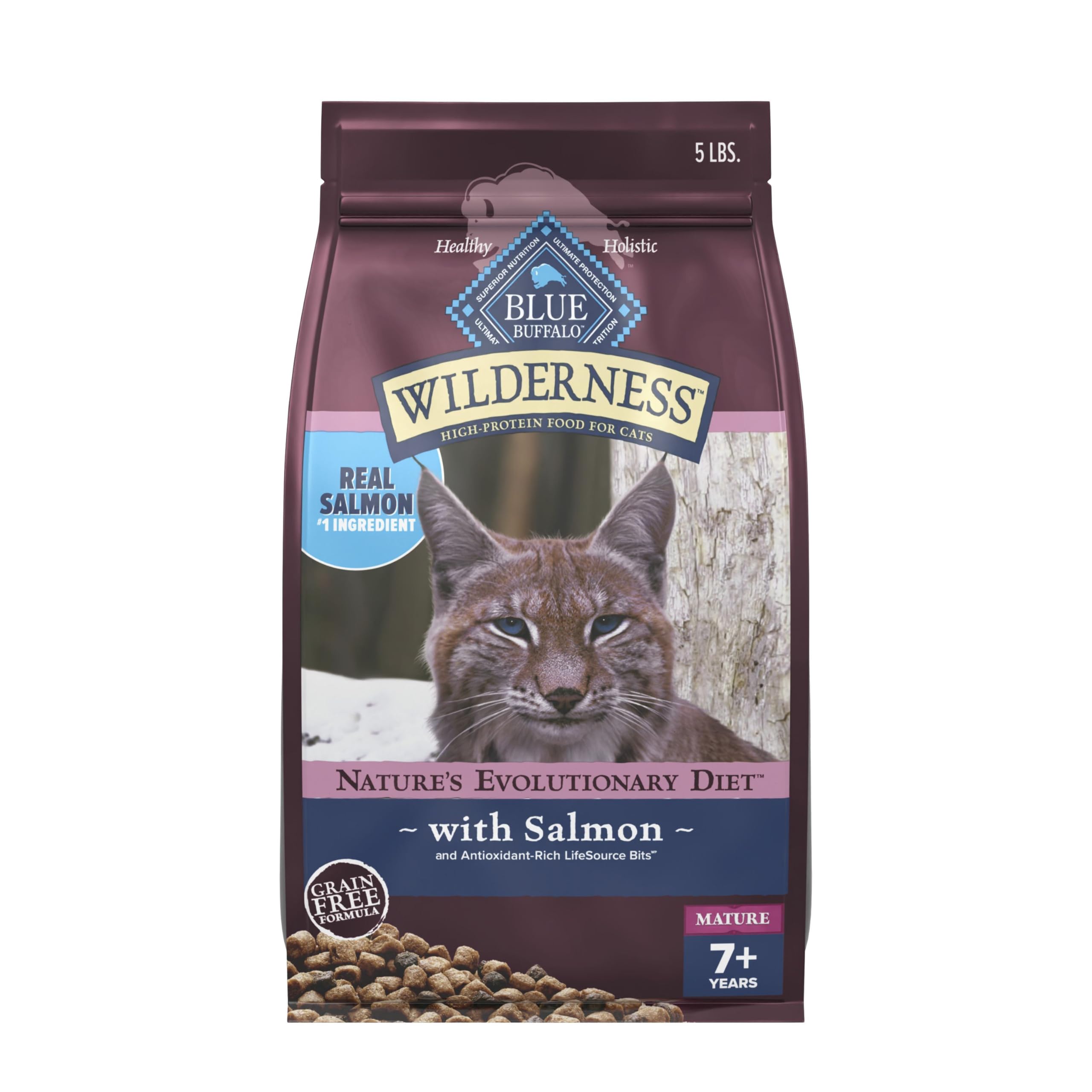 Blue Buffalo Wilderness salmon first ingredient showing protein-forward nutrition for mature cats