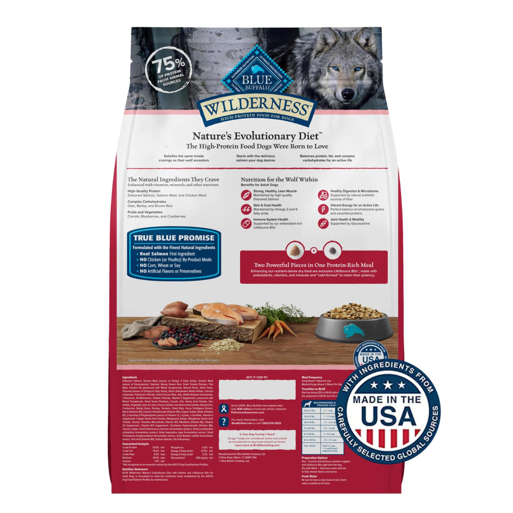 Blue Buffalo Wilderness Salmon close-up shows LifeSource Bits for immune support and antioxidant-rich nutrition.