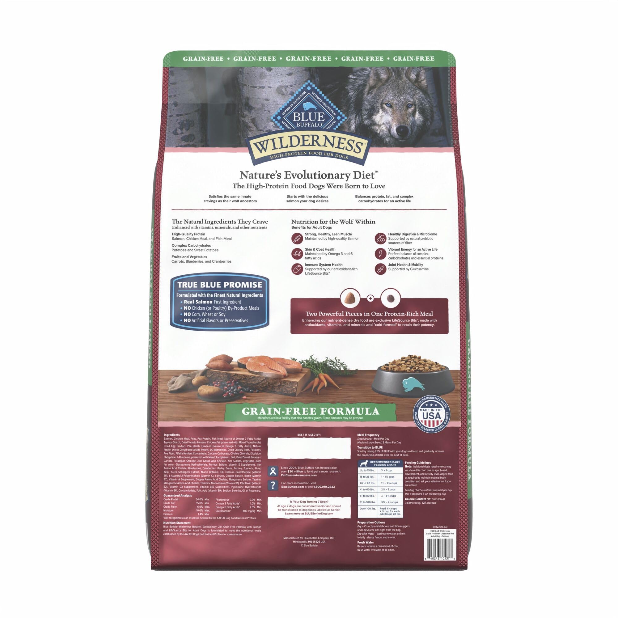 Blue Buffalo Wilderness salmon kibble close-up highlights grain-free formula.