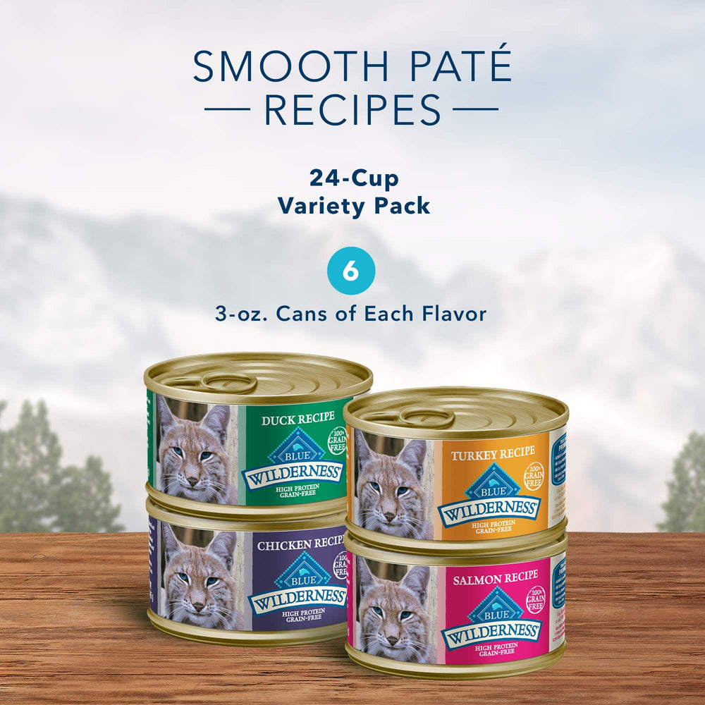 Blue Buffalo Wilderness salmon pate cat food can supports a healthy coat and energy.