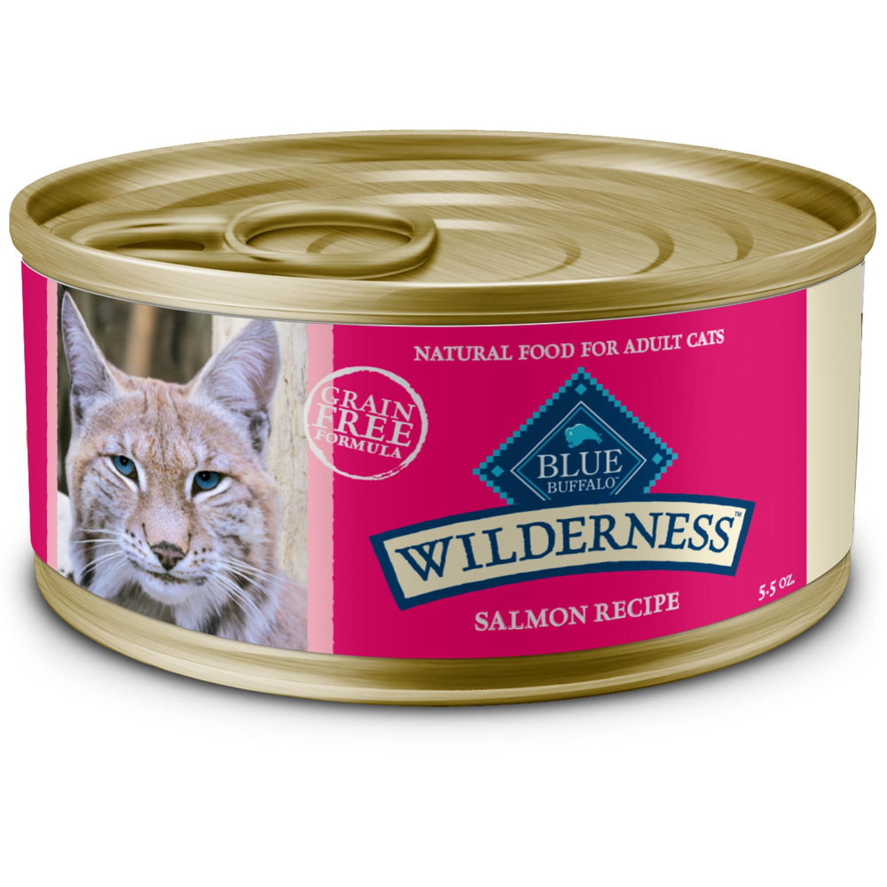 Blue Buffalo Wilderness Salmon Paté can close-up showing high-protein flavor for active cats.