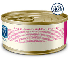 Blue Buffalo Wilderness Salmon Paté can, smooth paté texture appealing to felines.