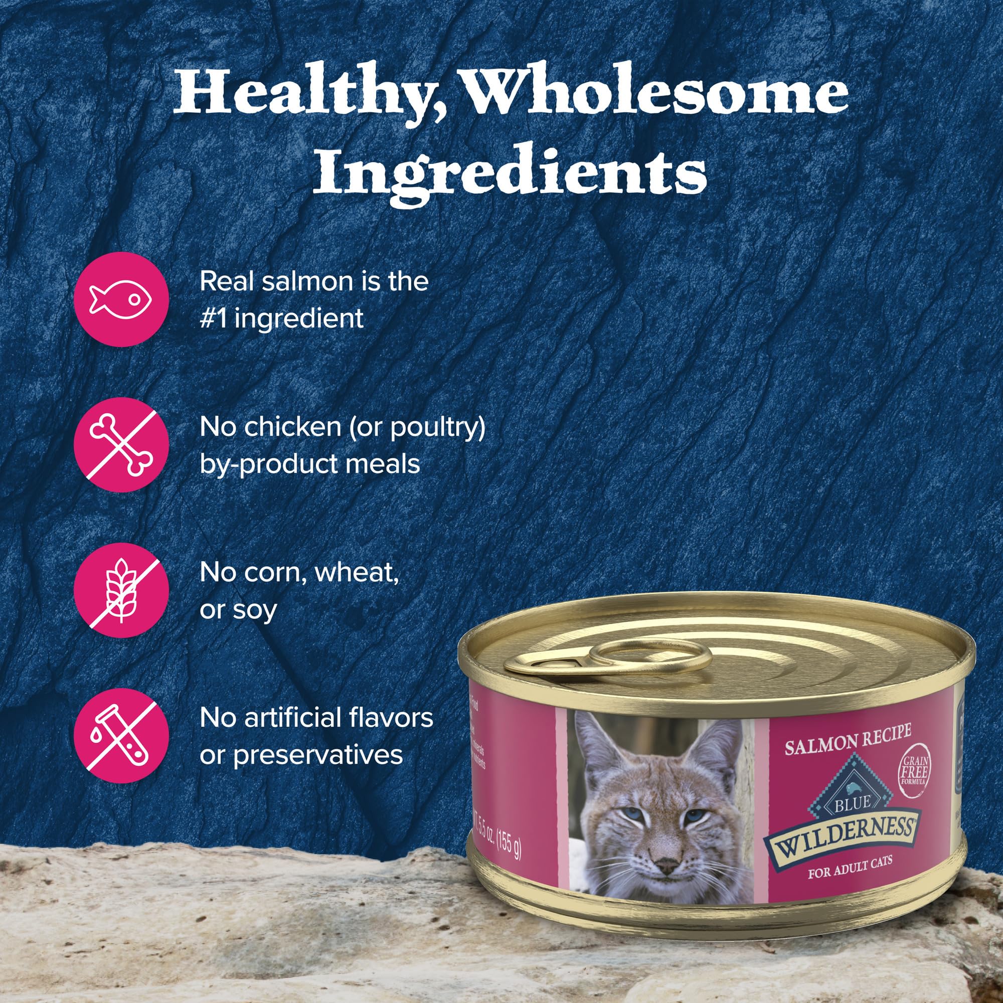 Blue Buffalo Wilderness Salmon Paté can, natural ingredients with vitamins and minerals.