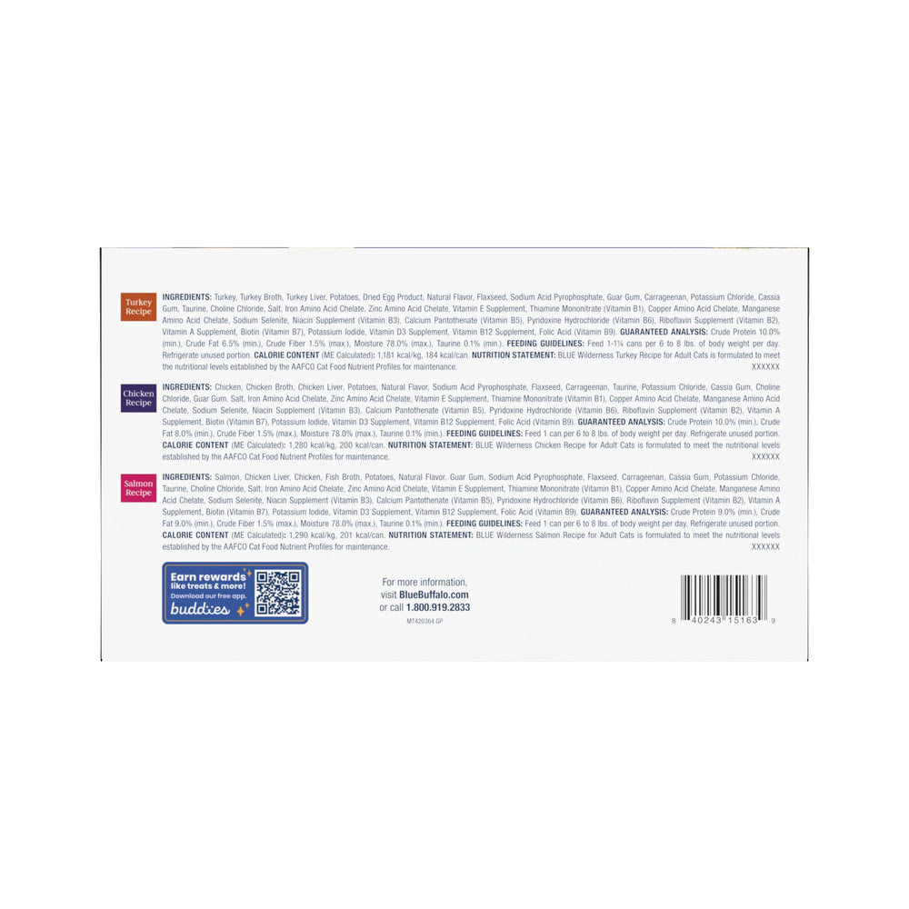 Blue Buffalo Wilderness Salmon Pate pack-shot showcases high-protein meal for active felines.