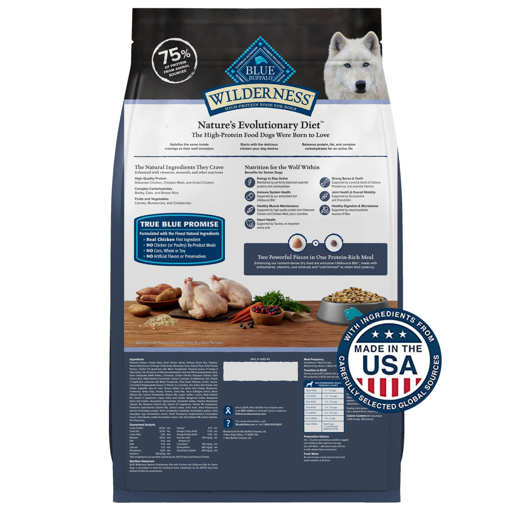 Blue Buffalo Wilderness Senior dog food highlights real chicken as the #1 ingredient for taste and nutrition.