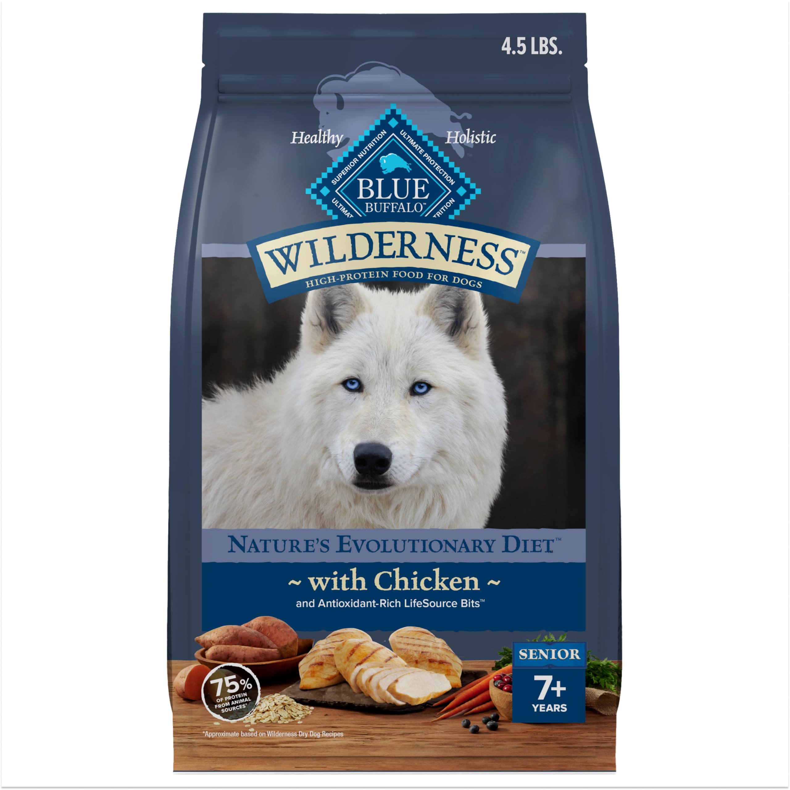 Blue Buffalo Wilderness Senior bag showing real chicken first ingredient for protein