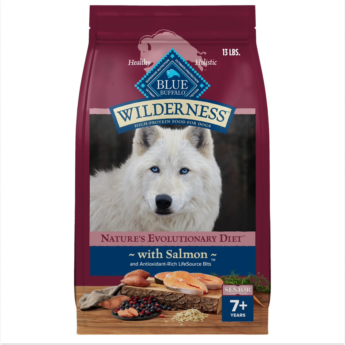 Blue Buffalo Wilderness Senior Salmon First Ingredient shows real protein for an active senior