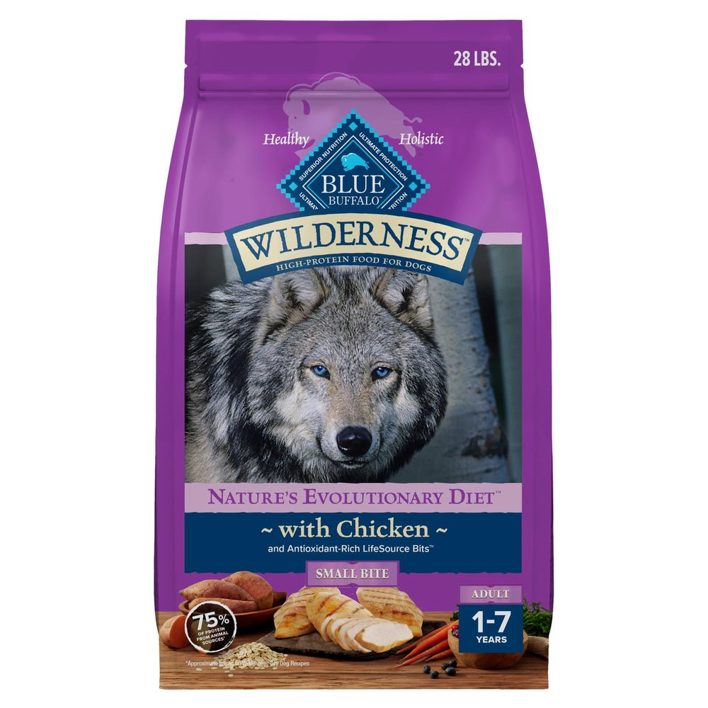 Blue Buffalo Wilderness small-bite bag front, real chicken protein for adult dogs.
