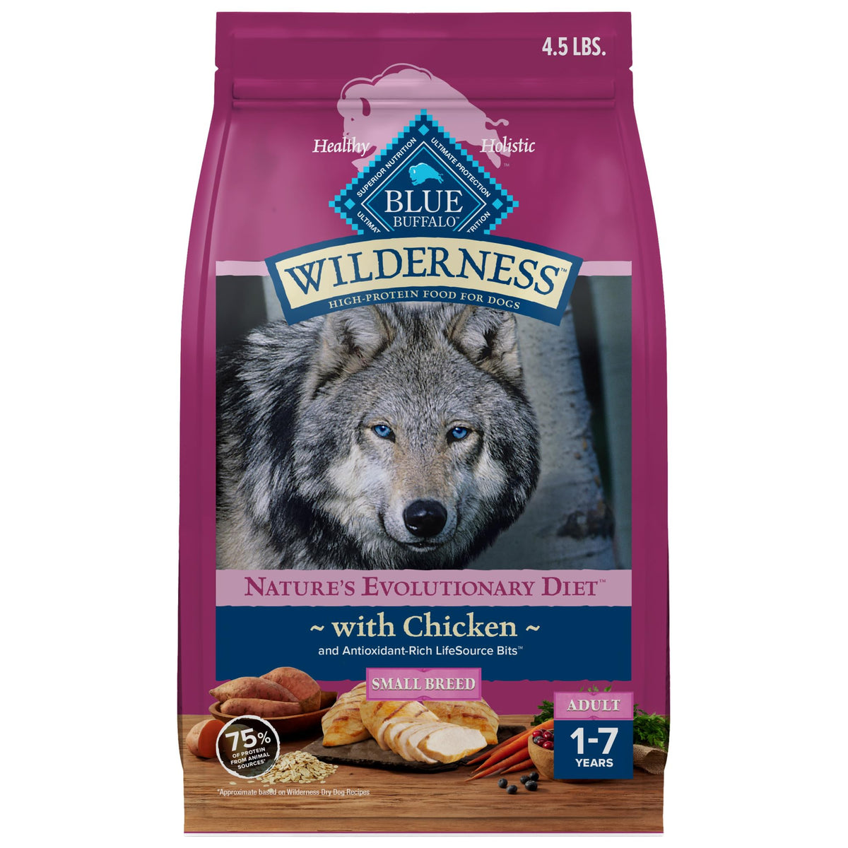 Blue Buffalo Wilderness small breed chicken dry food bag highlighting real chicken for active dogs.