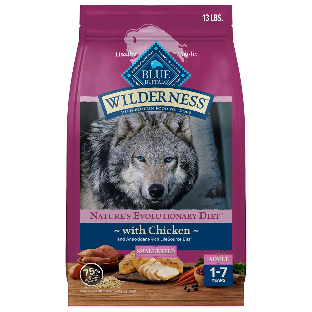 Blue Buffalo Wilderness small-breed kibble with real chicken first ingredient for active dogs