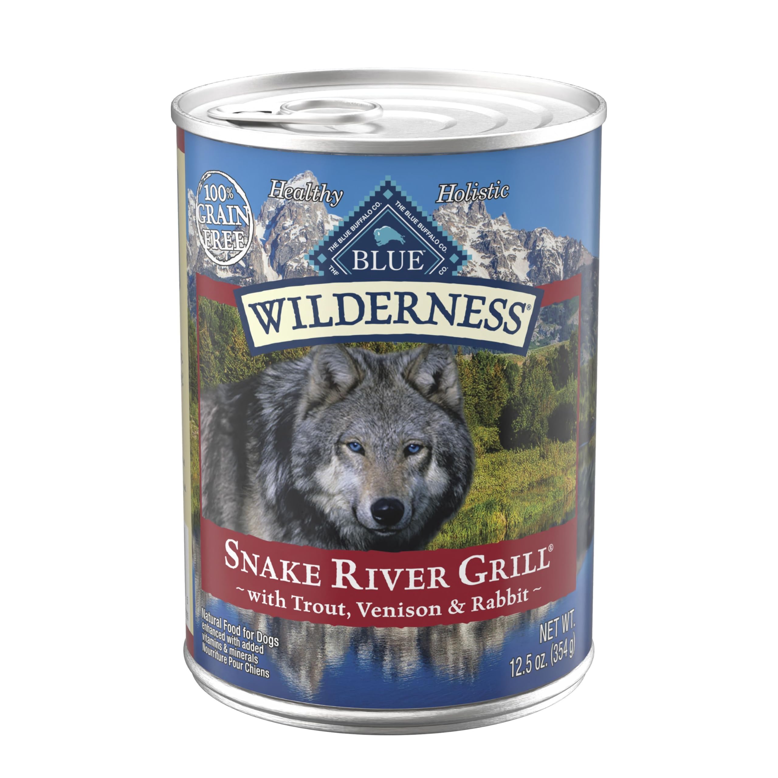Blue Buffalo Wilderness Snake River Grill front can shows premium protein.