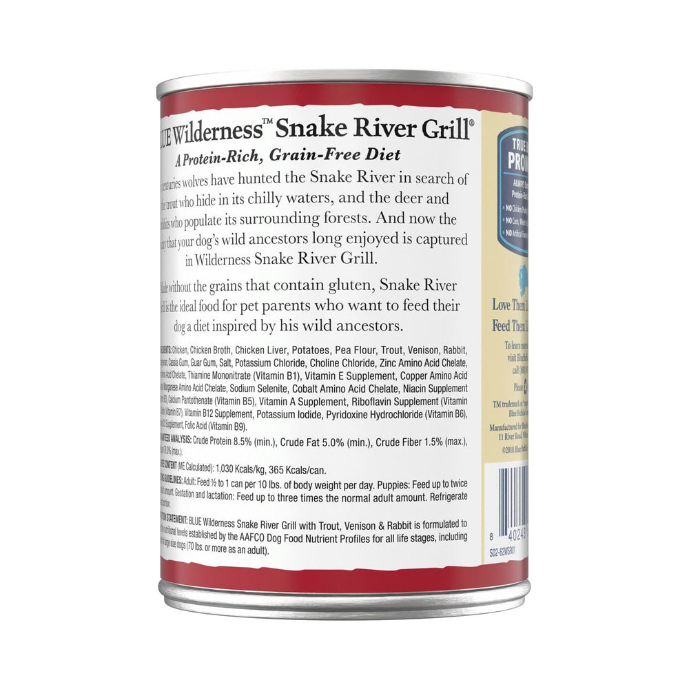 Blue Buffalo Wilderness trout-venison-rabbit ingredients highlight protein-rich sources.