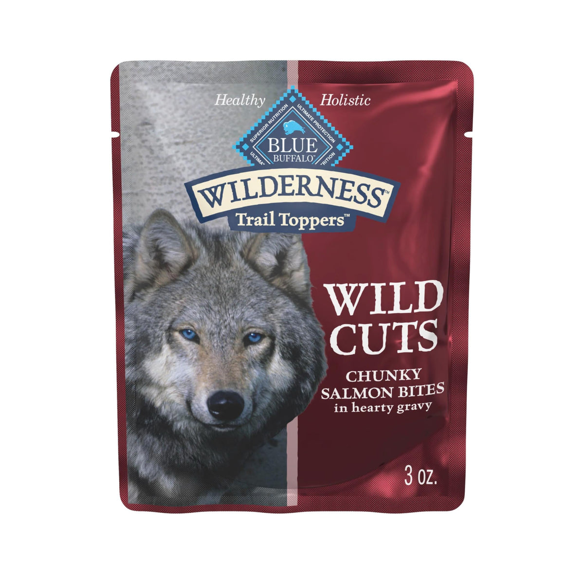 Blue Buffalo Wilderness Trail Toppers salmon bites in hearty gravy served in a bowl.