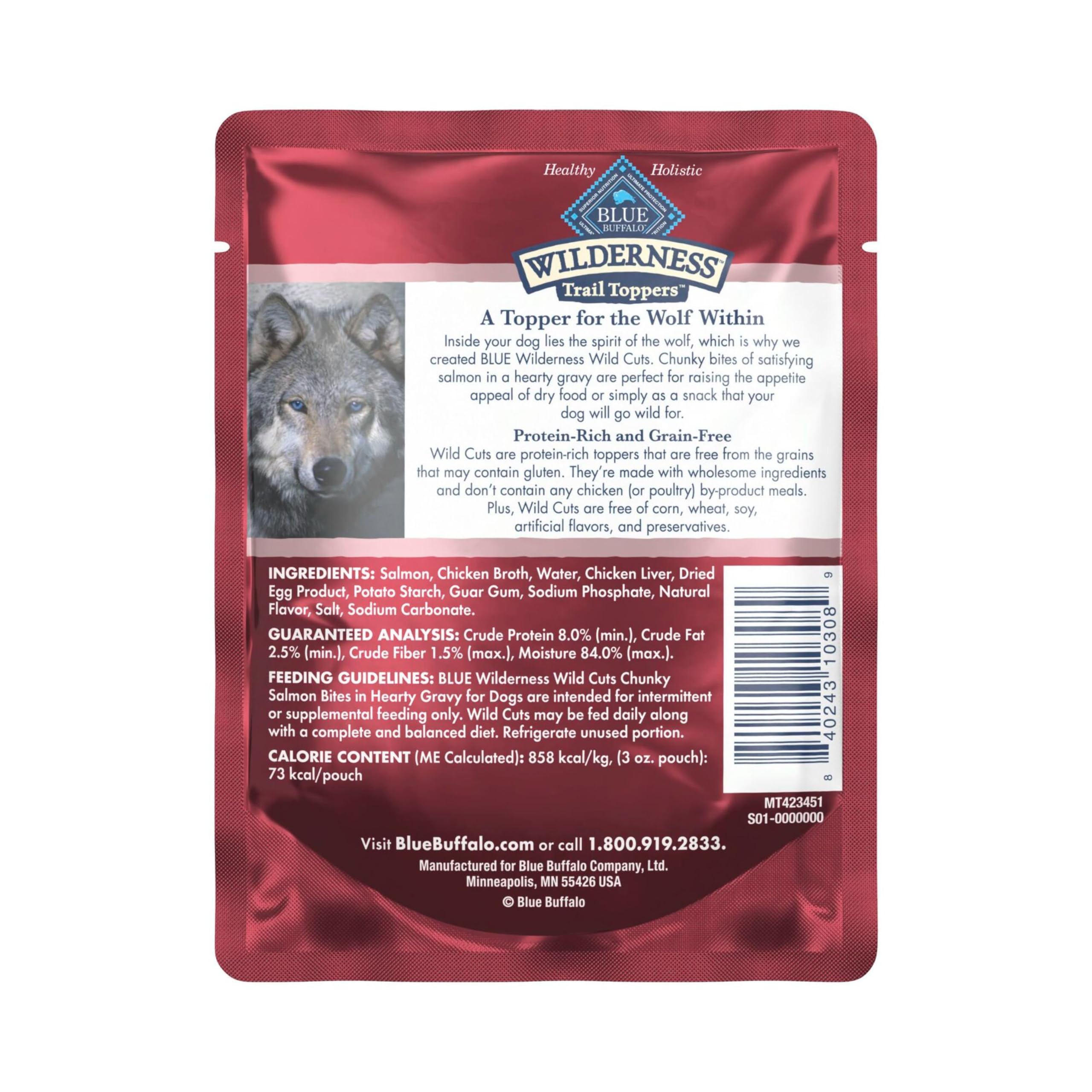Blue Buffalo Wilderness Trail Toppers salmon bites in savory gravy ready to serve.