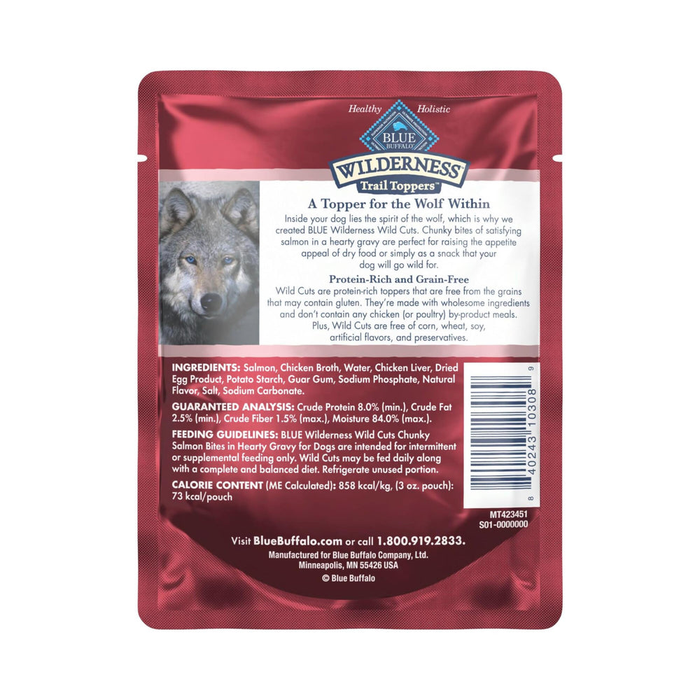 Blue Buffalo Wilderness Trail Toppers salmon bites in savory gravy ready to serve.