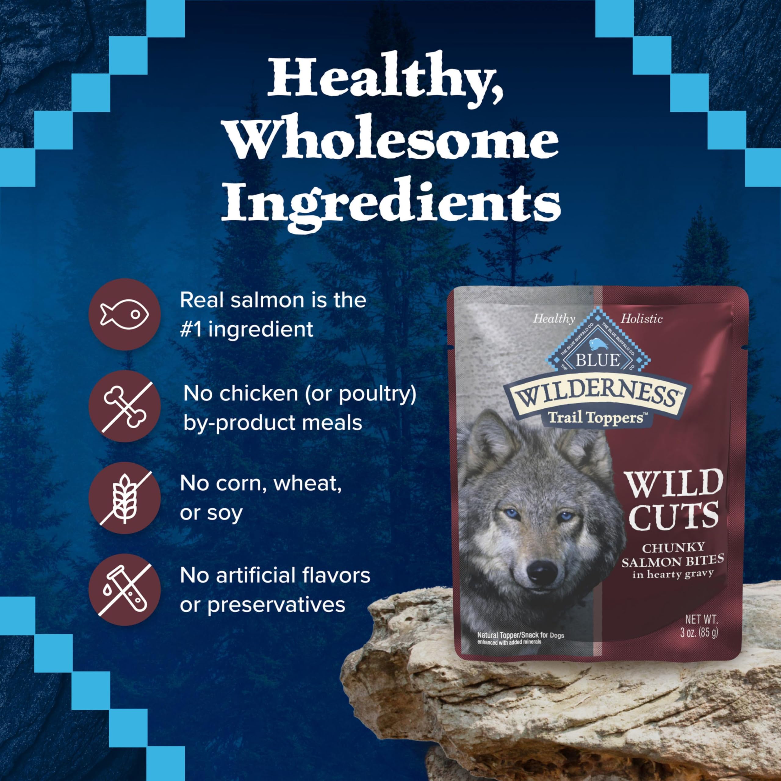Blue Buffalo Wilderness Trail Toppers enhancing a meal with salmon flavor.