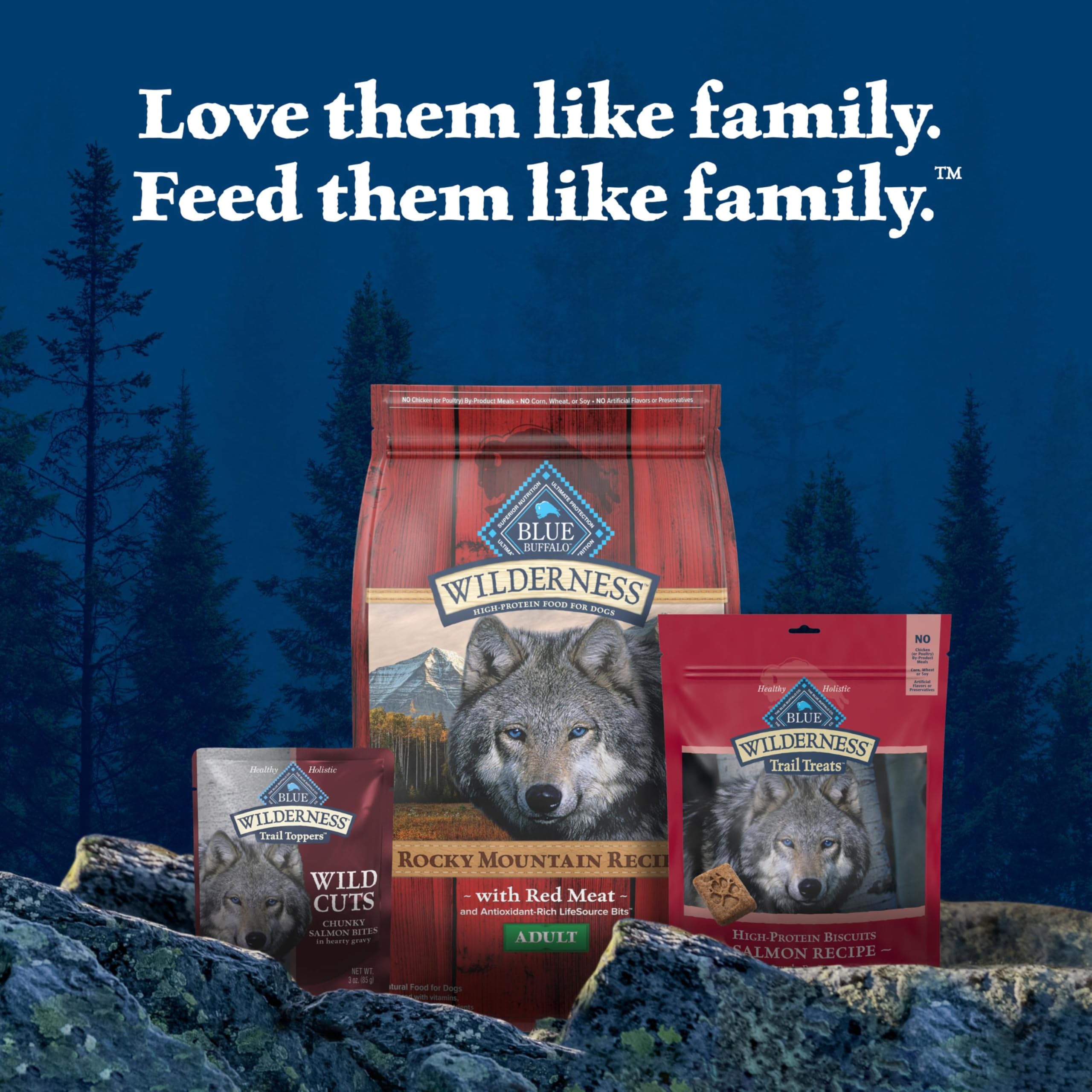 Blue Buffalo Wilderness Trail Toppers displayed with dry dog food bowls.