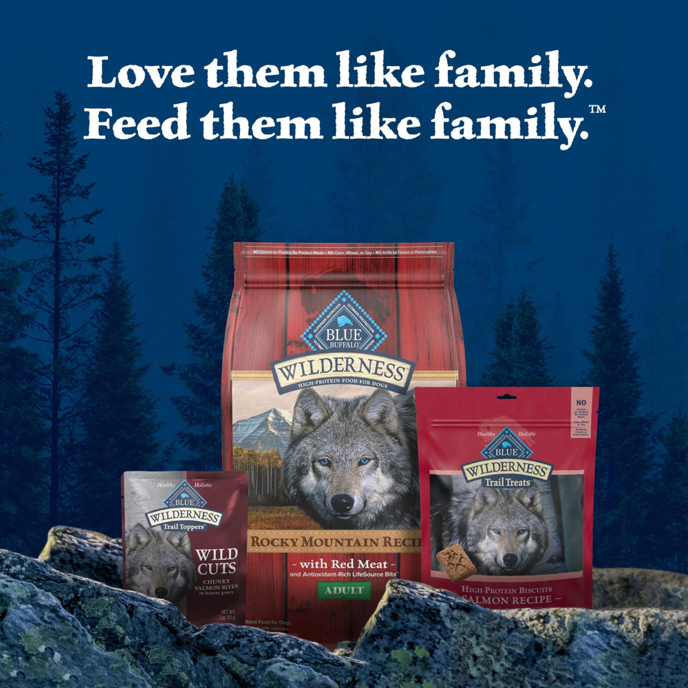 Blue Buffalo Wilderness Trail Toppers displayed with dry dog food bowls.