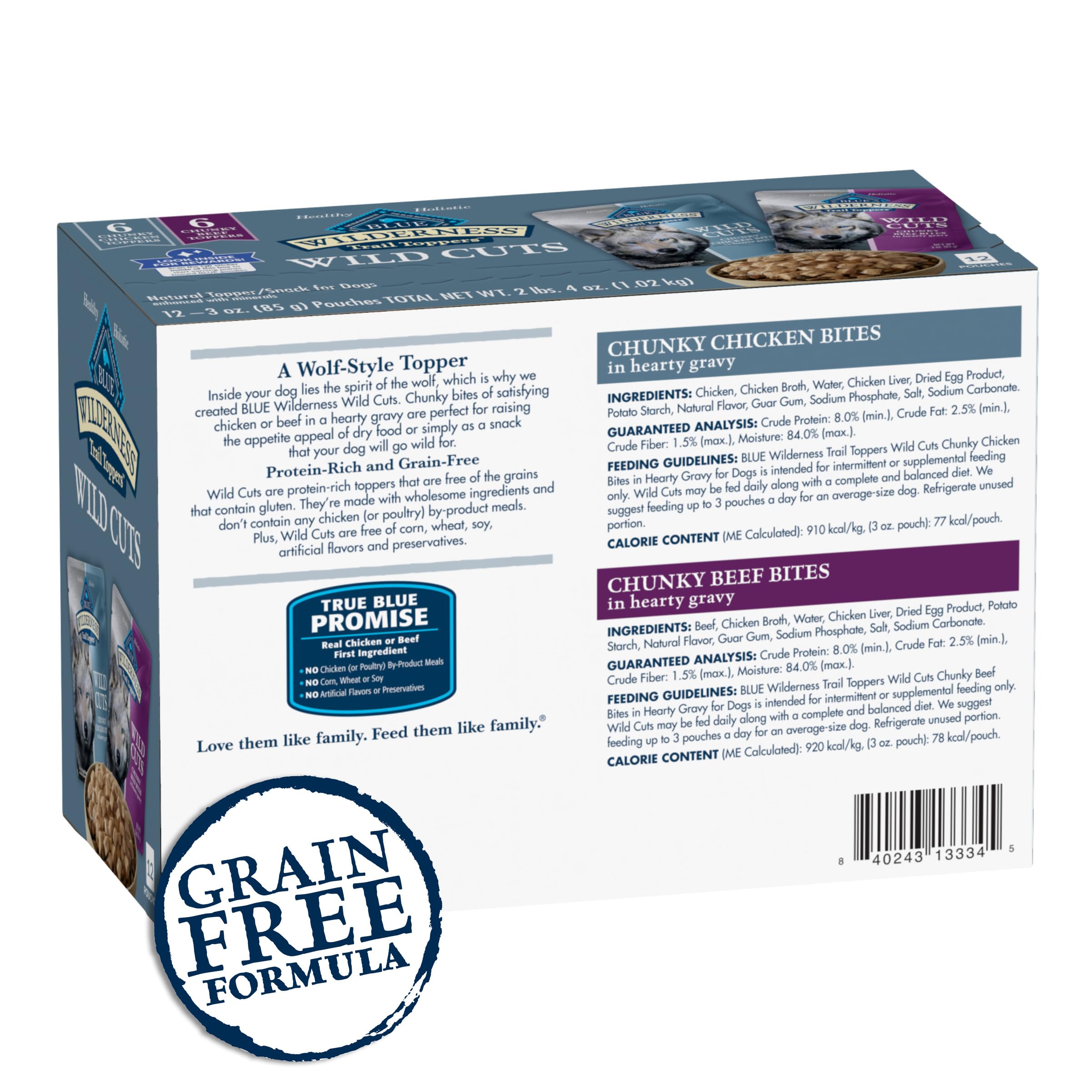 Blue Buffalo Wilderness Trail Toppers wild cuts beef bites packshot showcases protein-rich meal enhancer
