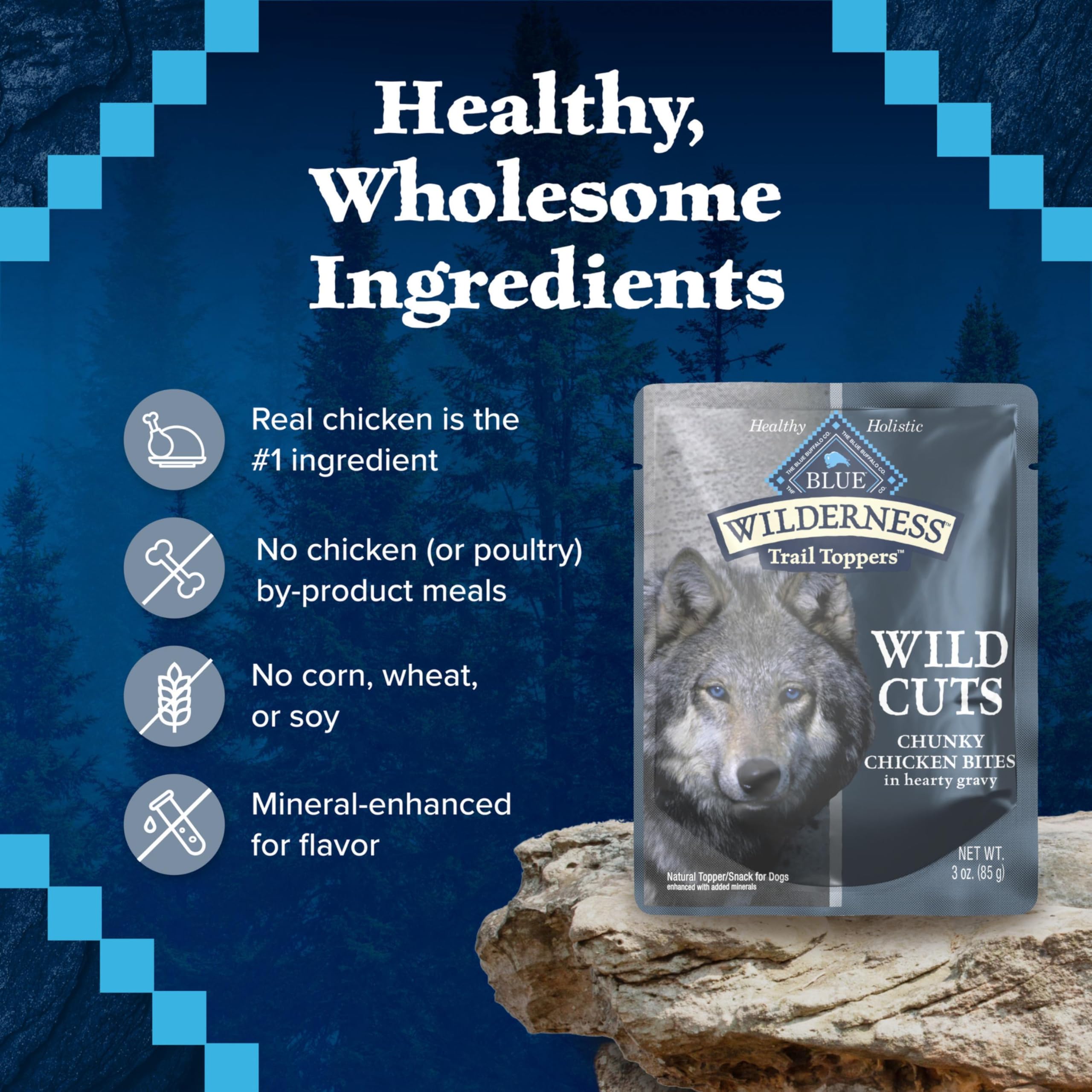 Active dog enjoying Blue Buffalo Wilderness Trail Toppers Wild Cuts Chicken Bites as meal topper