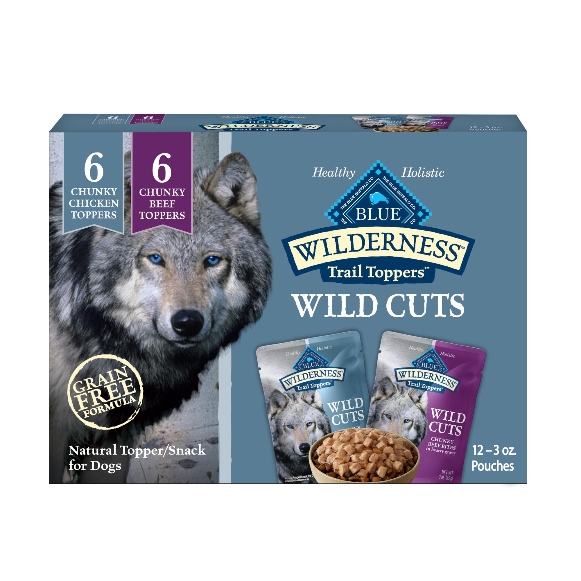 Blue Buffalo Wilderness Trail Toppers wild cuts chicken bites packshot highlights high-protein flavor