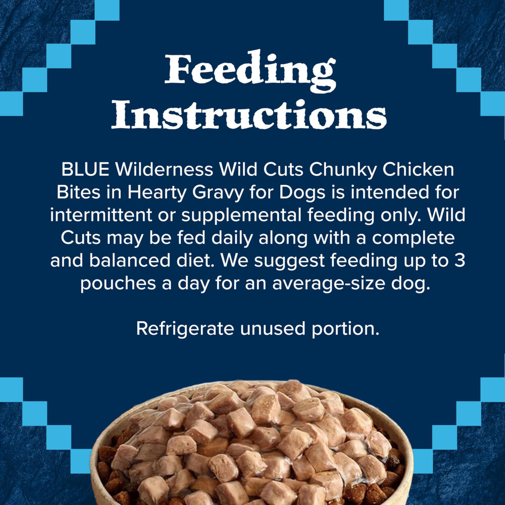Portion-control pouch with Blue Buffalo Wilderness Trail Toppers Wild Cuts Chicken Bites