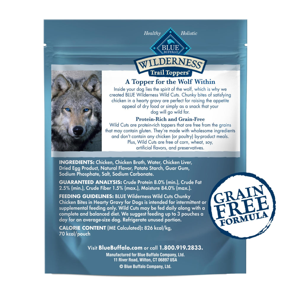 Blue Buffalo Wilderness Trail Toppers Wild Cuts Chicken Bites served over dry kibble