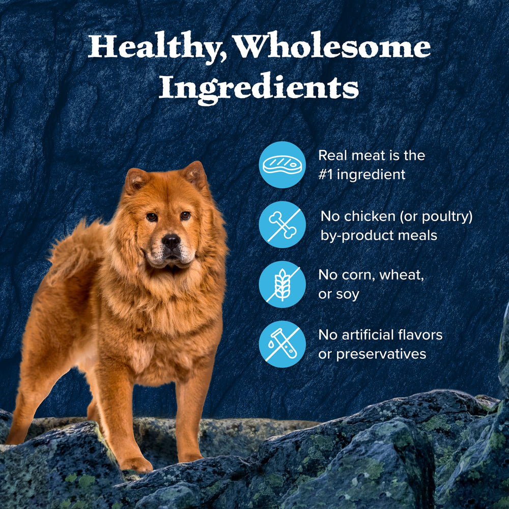 Blue Buffalo Wilderness Trail Toppers ingredient closeup emphasizes natural, grain-free quality