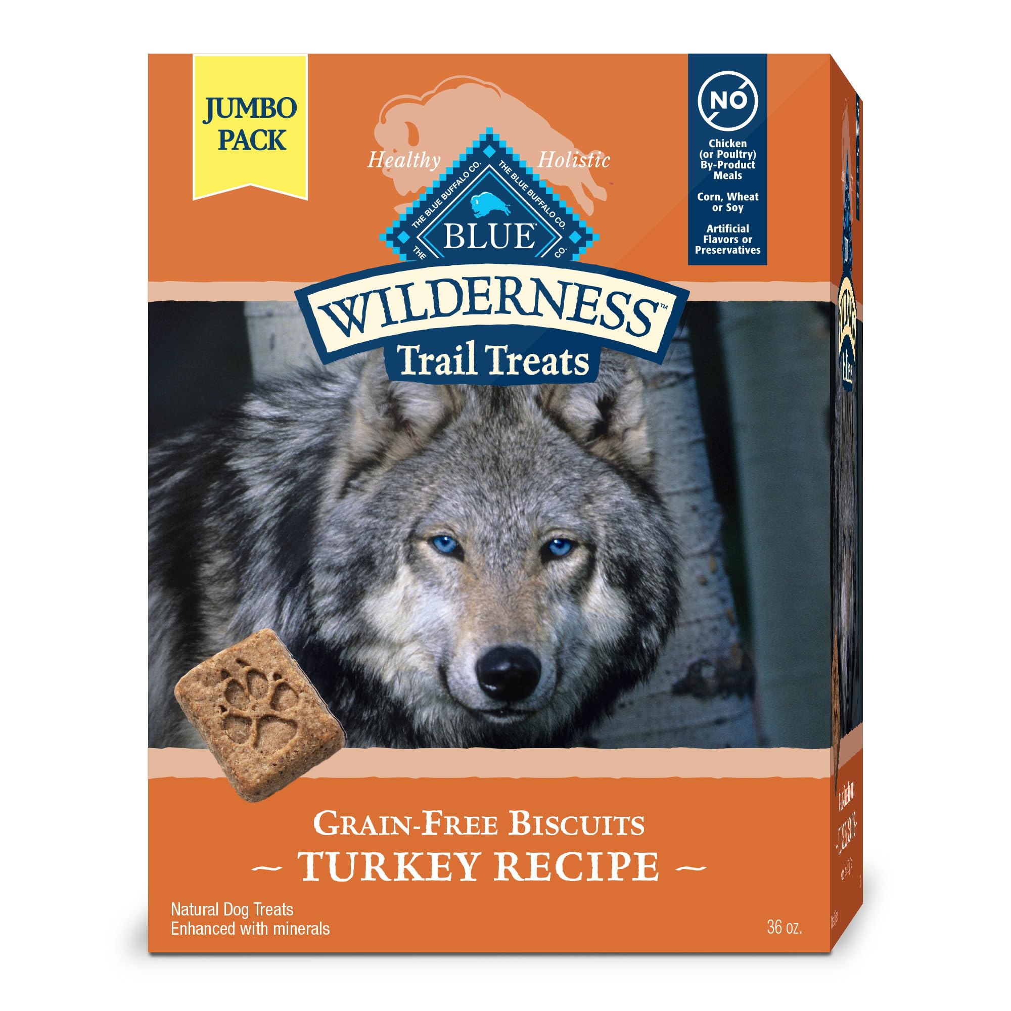 Blue Buffalo Wilderness Trail Treats box front shows real turkey first ingredient.