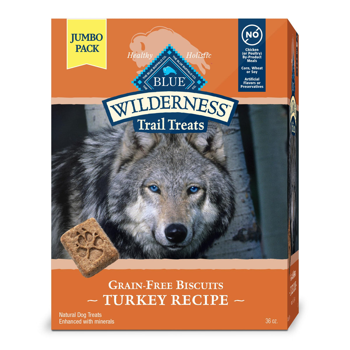 Blue Buffalo Wilderness Trail Treats box front shows real turkey first ingredient.