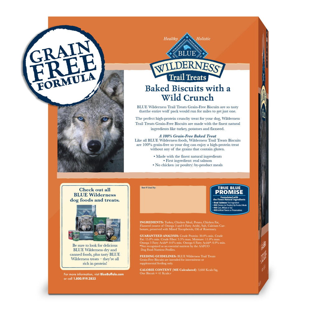 Blue Buffalo Wilderness Trail Treats biscuits close-up with crunchy texture.