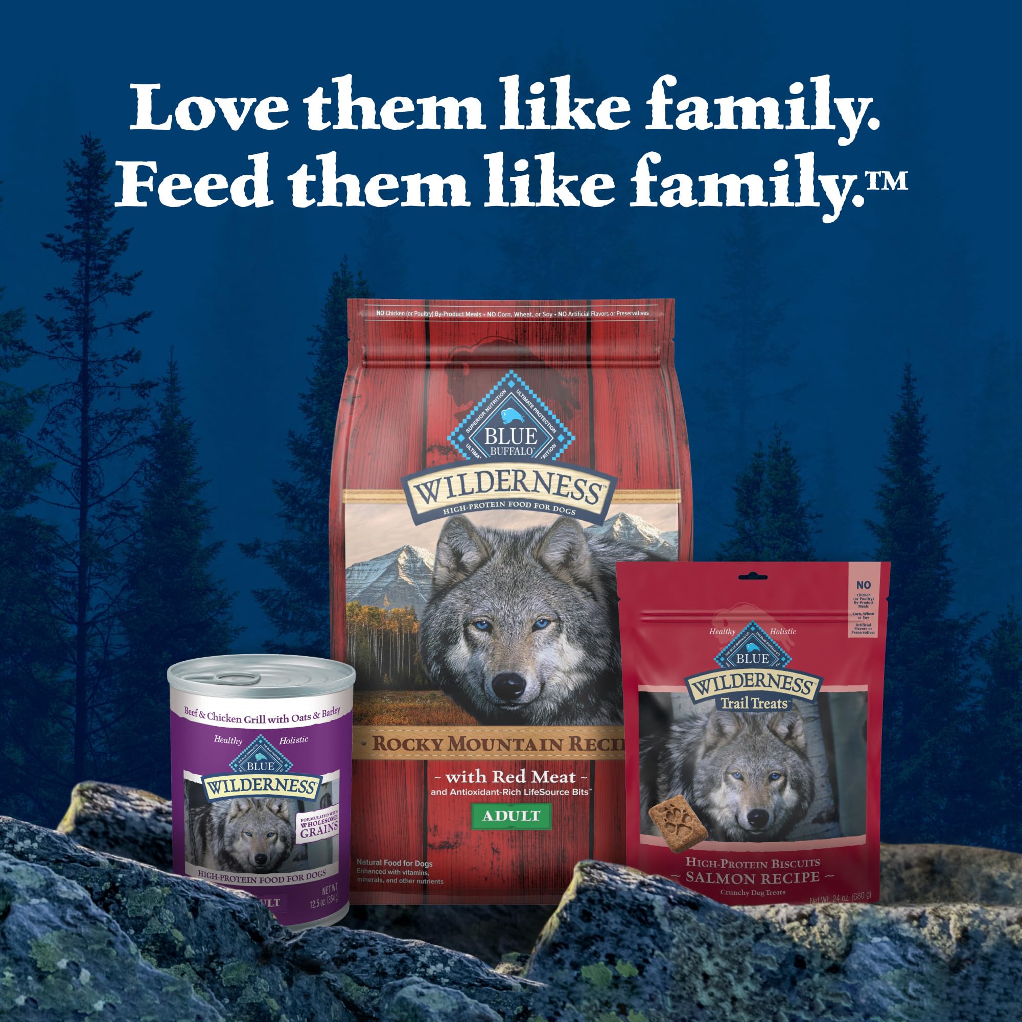 Blue Buffalo Wilderness Trail Treats packaging design highlights ingredients.