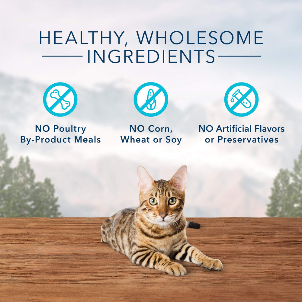 Blue Buffalo Wilderness Trout Treats grain-free ingredients on label for cats.