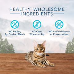Blue Buffalo Wilderness Trout Treats grain-free ingredients on label for cats.