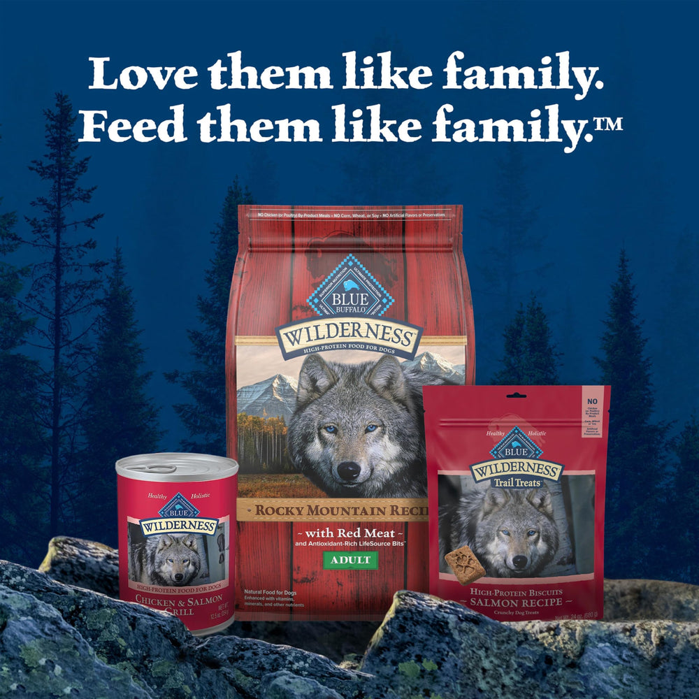 Twelve-can pack of Blue Buffalo Wilderness wet dog food for convenient feeding.