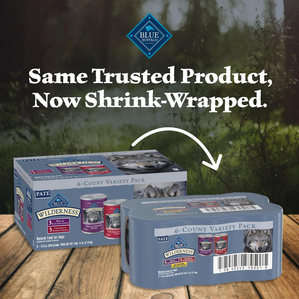 Blue Buffalo Wilderness variety pack display – six cans for adult dogs.