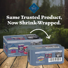 Blue Buffalo Wilderness variety pack display – six cans for adult dogs.