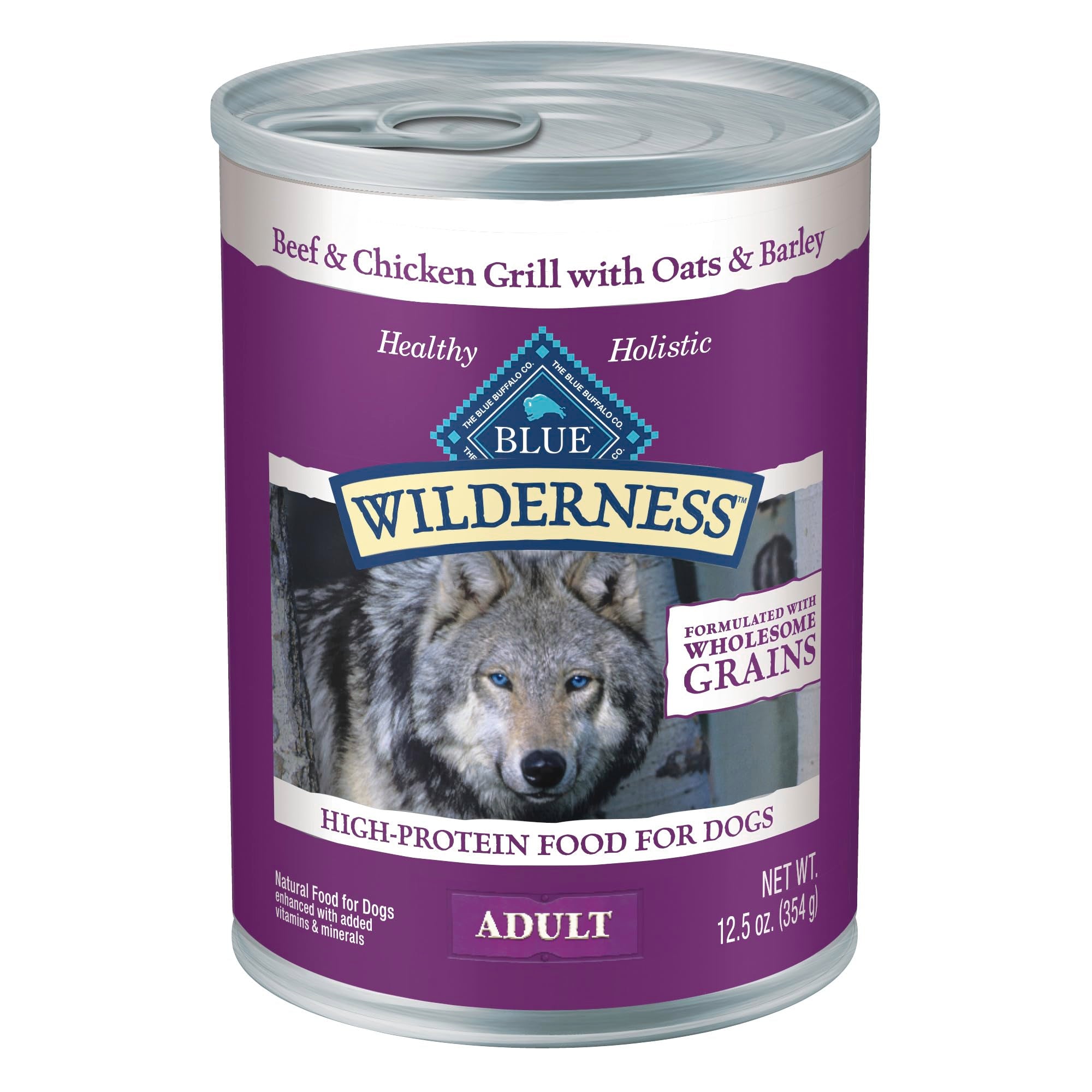 Blue Buffalo Wilderness beef-chicken grill can image; protein-packed meal for active dogs.