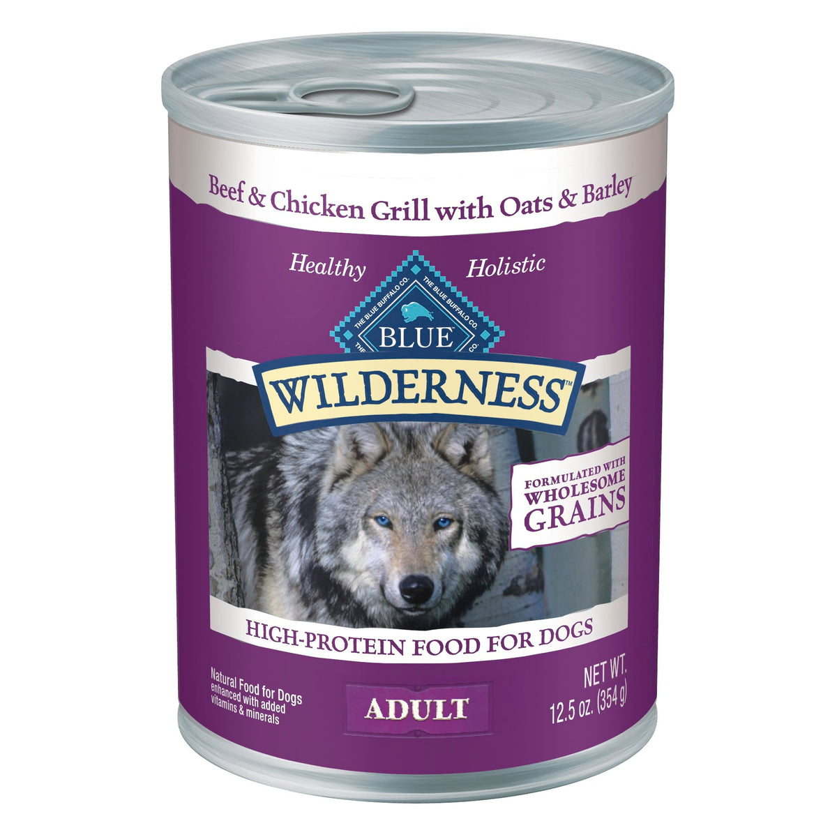 Blue Buffalo Wilderness beef-chicken grill can image; protein-packed meal for active dogs.