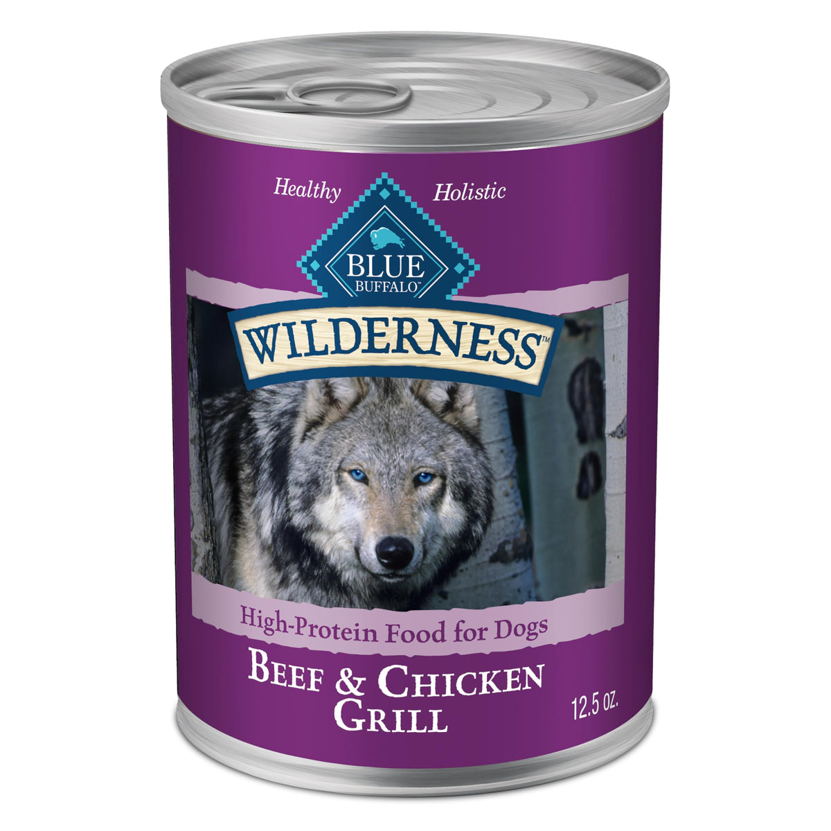 Blue Buffalo Wilderness beef-chicken grill wet dog food can with real beef first ingredient, protein-rich.