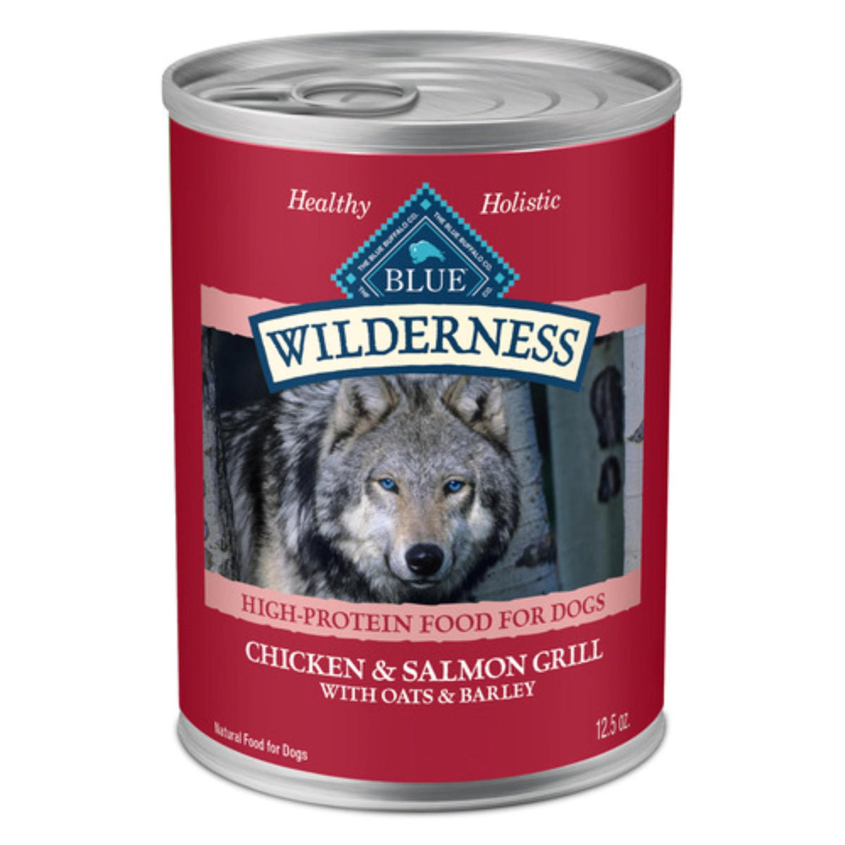 Blue Buffalo Wilderness wet dog food can featuring salmon and chicken for protein-rich meals.