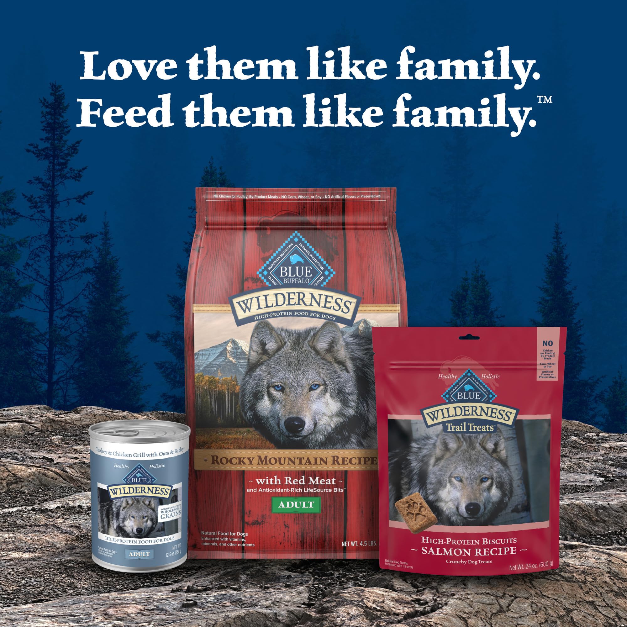 Blue Buffalo Wilderness enhanced packaging highlights ingredients and benefits.