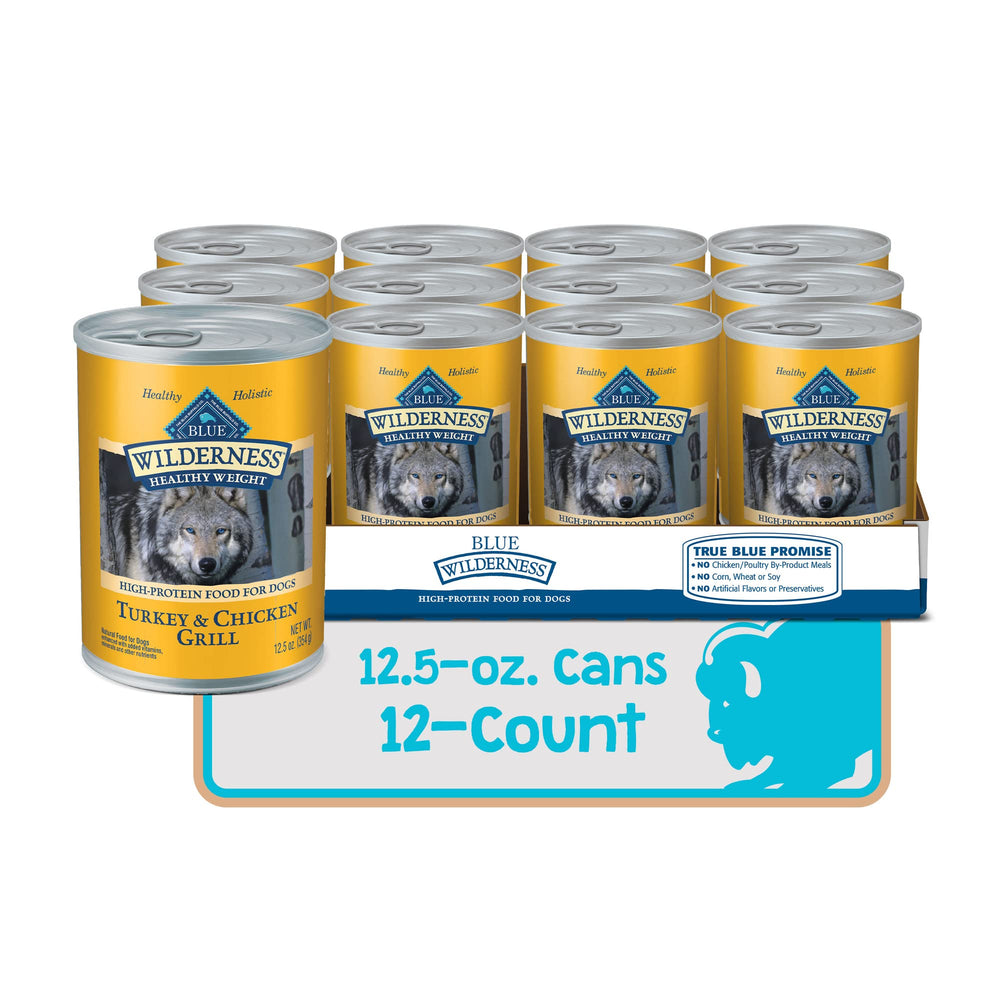 Blue Buffalo Wilderness healthy-weight can close-up, balanced calories for weight management