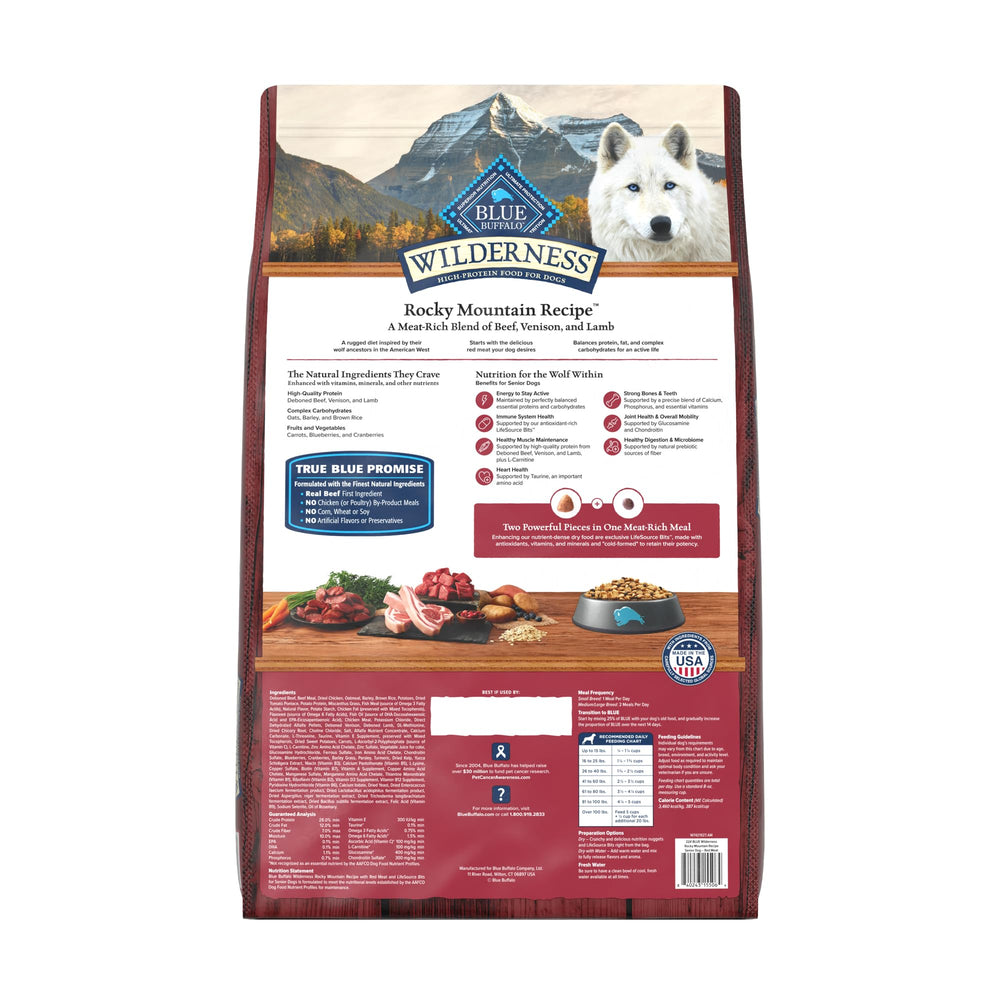 Blue Buffalo Wilderness grains blend in bowl for balanced senior nutrition.