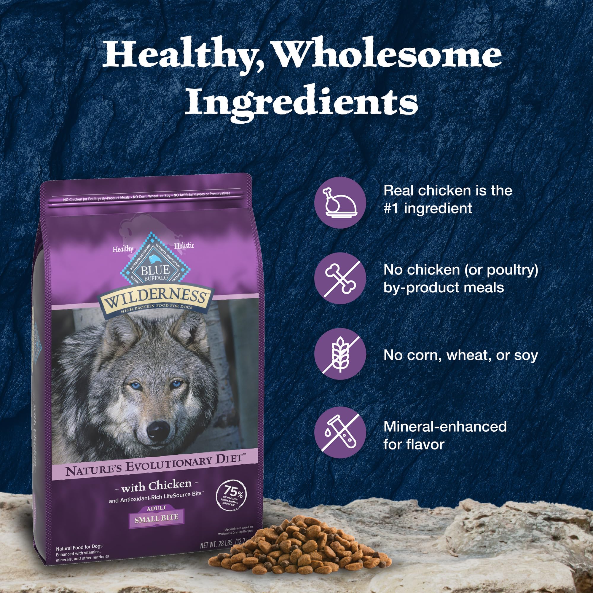 Blue Buffalo Wilderness wholesome grains bowl shows balanced nutrition for adult dogs.