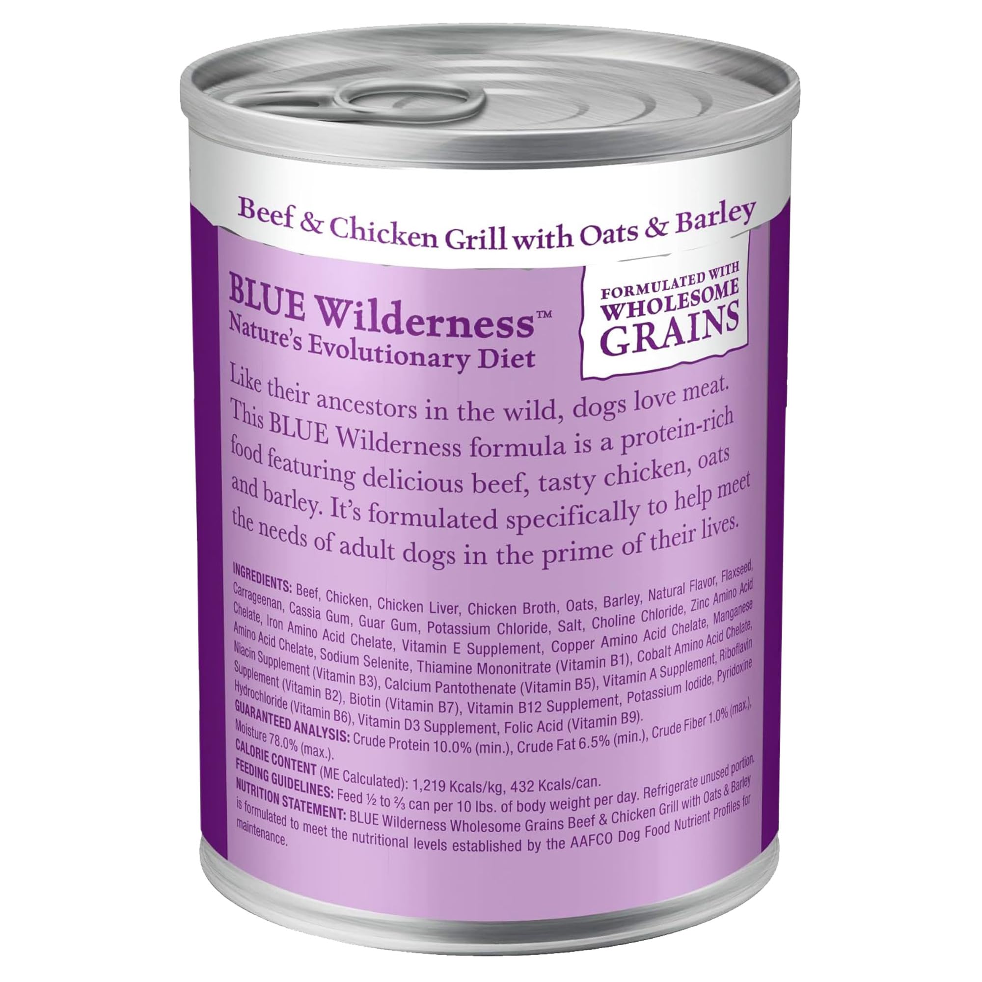 Blue Buffalo Wilderness wholesome-grains label; balanced energy with complex carbohydrates.