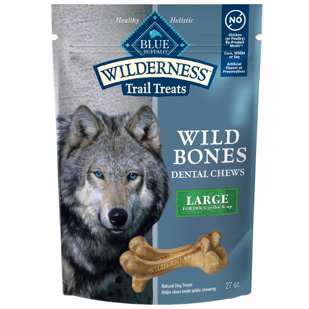 Blue Buffalo Wilderness Wild Bones large dental chew front packaging highlights ingredients and benefits
